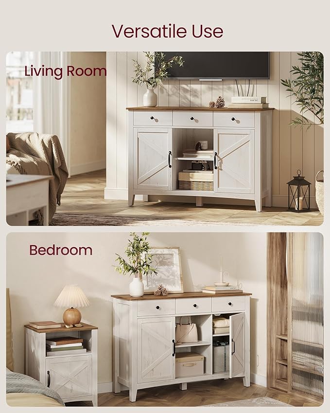 VASAGLE LIRY Collection - Buffet Cabinet, Coffee Bar Cabinet with 3 Drawers, Adjustable Shelves, Sideboard Storage with Cable Holes, Drawer Dividers, Rustic White and Honey Brown UBBK371W01V1