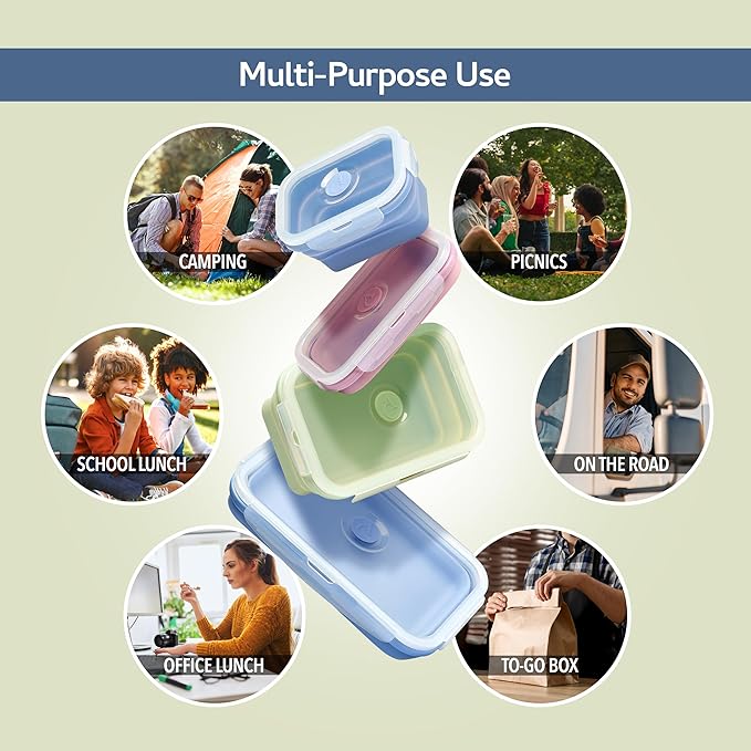 ICHC Set of 4 Collapsible Food Storage Containers - Space-Saving Silicone Meal Prep Boxes, Airtight and Stackable Lunch Containers, Microwave and Freezer Safe