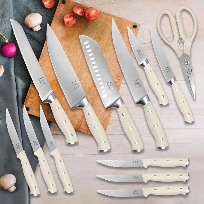 Premium Knife Set,High Carbon Stainless Steel Forged,Sharp Knives Set for Kitchen,Triple-rivet Ergonomic Handle,Hundreds of Years of Masterful Craftmanship(Ivory,15PCS)