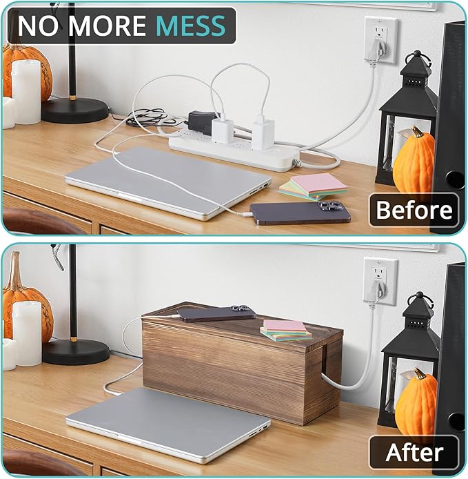 Large Cable Management Box, Burnt Wood Cord Organizer Box for Desk, Floor, Office to Hide Extension Cords Power Stripes Surge Protectors Chargers Wires