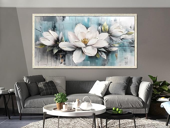 Ardemy Magnolia Wall Art Framed Large Canvas Wall Decor Living Room, White Floral Pictures Wall Decor Teal Paintings FlowerTextured Artwork for Bedroom Dining Room Home Office, 48"x24"
