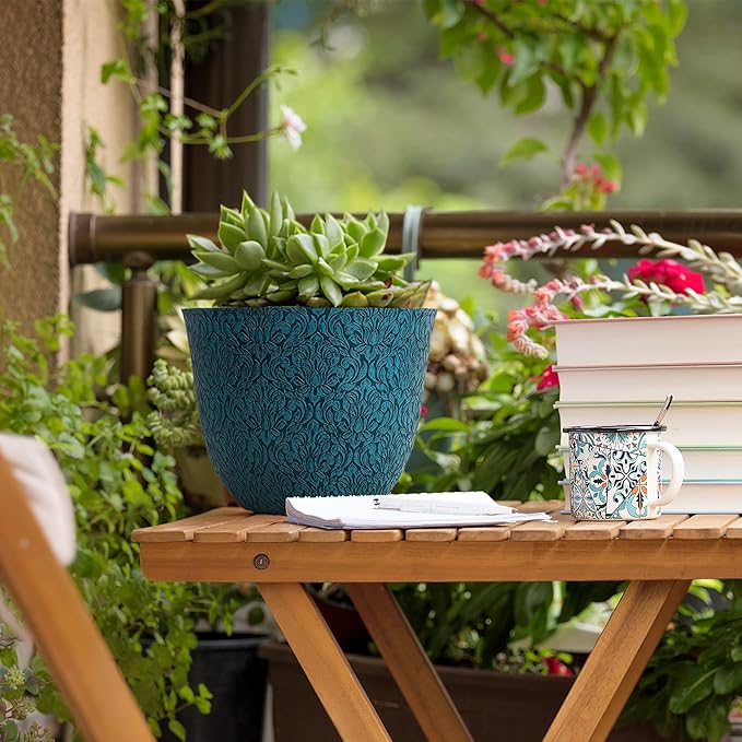 Worth Garden Plastic Round 8" Plant Pots for Indoor Plants - Set of 6 Multicolor Small Flower Pots W/Drainage Hole and Rubber Plug - Home Christmas Decorative planters Retro Floral Pattern