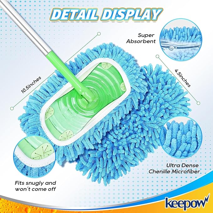 KEEPOW Reusable Microfiber Mop Pads Compatible with Swiffer Sweeper & Mop Deluxe 2-in-1, Wet & Dry Mopping Cloths for All Floors, Compatible with Swiffer Dry Sweeping Cloths for Cleaning (6 Pack)