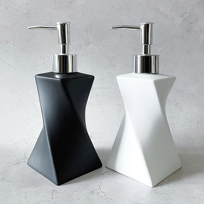2 Pack Modern White & Black Soap Dispenser Set with Silver Pump for Bathroom and Kitchen, Contemporary Art Style, Matte Finish, Rust Proof, 8.5oz
