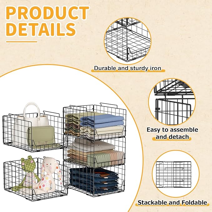 5-Tier Stackable Closet Organizer Shelf – Foldable Metal Storage Bins for Clothes, Sweaters & Towels | Stylish Black Wire Baskets for Bedroom, Wardrobe, Dorm or Entryway