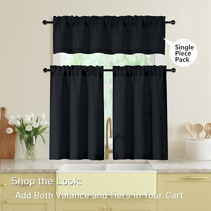Black Kitchen Curtains 45 Inch Length 2 Panels, Light Filtering Faux Linen Textured Short Kitchen Window Curtains Over Sink, Half Curtain Tiers for Cabinet Bathroom Basement, 30Wx45L Inch
