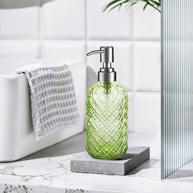 14 Oz Refillable Glass Soap Dispenser with Rust Proof Stainless Steel Pump, for Dispense Hand soap, Body wash, Lotion (Green)