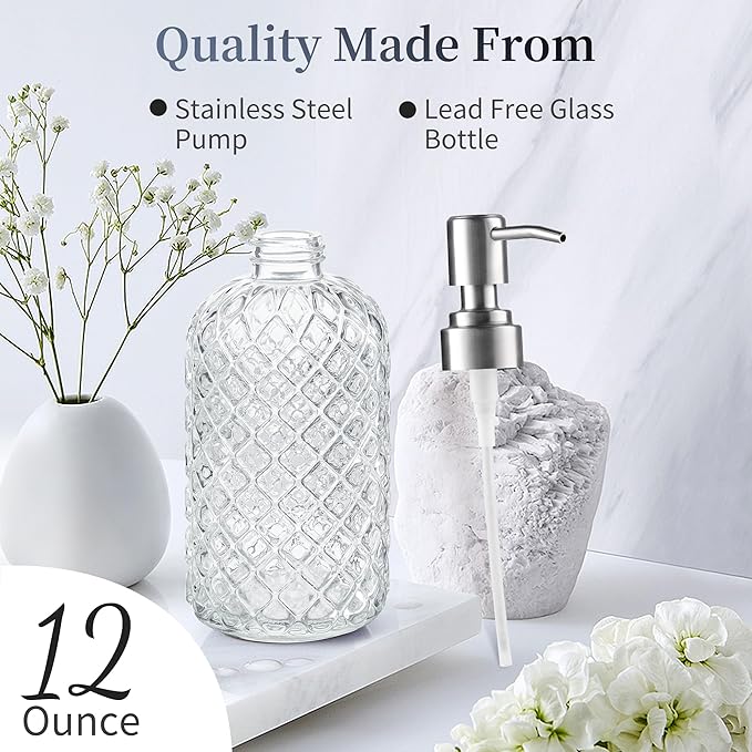 14 Oz Refillable Glass Soap Dispenser with Rust Proof Stainless Steel Pump, for Dispense Hand soap, Body wash, Lotion 2pack