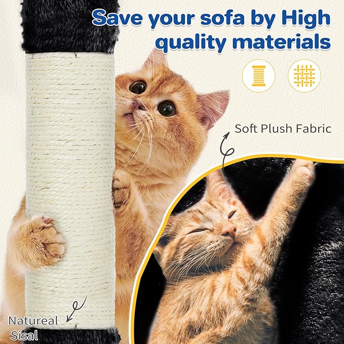 Cat Tree Tower 63in Multi-Level Cat Tower for Indoor Cats with Sisal Scratching Posts, Condo, Hammock, Dangling Ball and Extended Platform for Cats to Play, Black