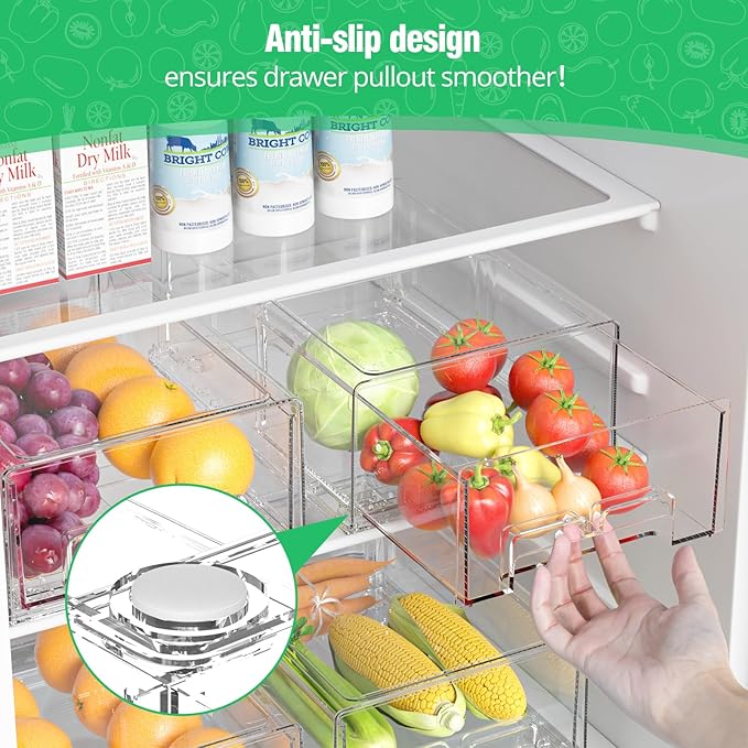 2 Pack Refrigerator Drawers - Fridge Organizer Bins Stackable Storage Drawers, Clear Refrigerator Organizing Containers Pull Out Drawer for Fruit, Vegetable Storage and Keep Fresh