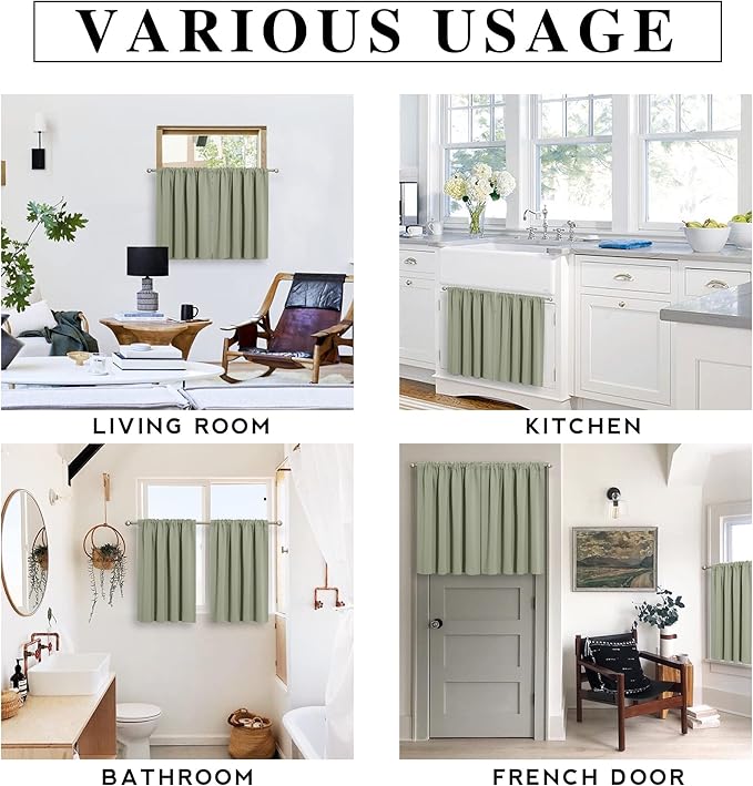 RYB HOME Bathroom Window Curtains - Super Soft Blackout Privacy Curtains for Baby Nursery Bedroom Basement Garege Workshop Kitchen Dining Living Room, W 29 x L 30, Sage Green, 2 Pcs