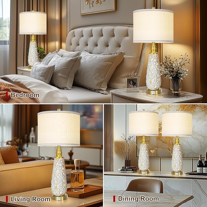 29" Ceramic Table Lamps Set of 2 with Night Light - Lamps for Nightstand,Bedside Lamps with USB Ports,Nightstand Lamps,Modern Table Lamps with White Linen Shade for Living Room,Bedroom(Bulb Included)