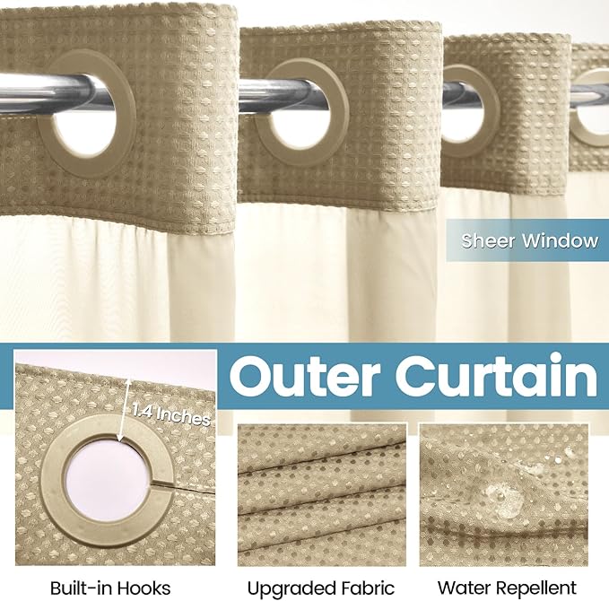 Beige Long No Hook Shower Curtain with Snap in Liner,230GSM Waffle Weave Shower Curtains for Bathroom,71W x 86H
