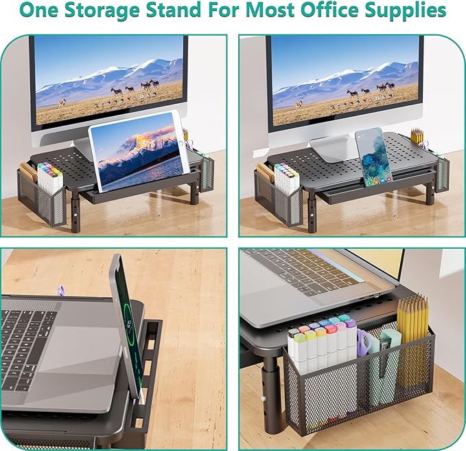 WALI Computer Monitor Stand with Storage, Desk Organizer with Drawer and Pen Holder, Desk Monitor Riser 3 Height Adjustable, Laptop Riser for Computer, Laptop, Printer (STT003DH-B), 1 Pack, Black