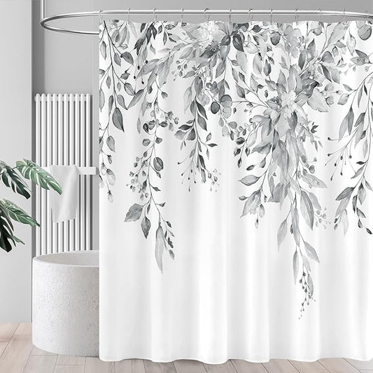 Extra Long Eucalyptus Shower Curtain 72 x 96 Inch, Grey Botanical Floor to Ceiling X-Long Shower Curtain, Watercolor Plant Leaves with Floral Decorative Bathroom Curtain with Hooks