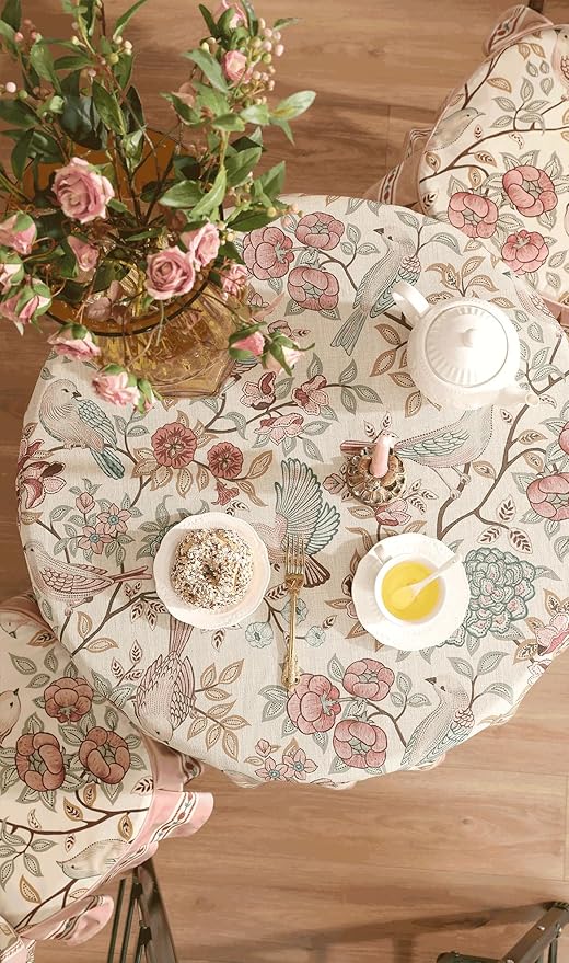 patdrea Designer Vintage Round Tablecloth,Pink Linen Table Cloth with Birds Pattern,Colorful Decoration French Table Cover for Kitchen Dining,Thanksgiving,Party,Christmas,Diameter 55"-Kulom a
