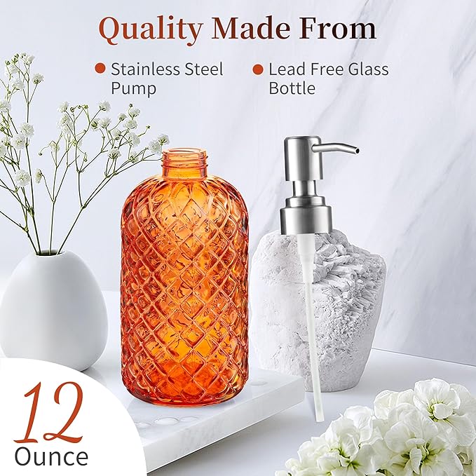 14 Oz Refillable Glass Soap Dispenser with Rust Proof Stainless Steel Pump, for Dispense Hand soap, Body wash, Lotion 2pack (Orange)