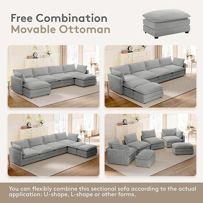 ROWHY 148'' Sectional Cloud Couch with 2 Ottomans, Oversized 4 Seat Sleeper Sofa with 2 Throw Pillows, Convertible Upholstered U Shaped Cozy Sofa Furniture Set for Living Room and Office, Light Grey