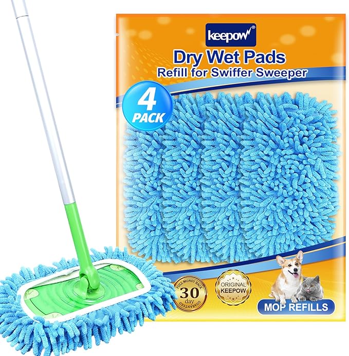 KEEPOW Reusable Microfiber Mop Pads Compatible with Swiffer Sweeper & Mop Deluxe 2-in-1, Wet & Dry Mopping Cloths for All Floors, Compatible with Swiffer Dry Sweeping Cloths for Cleaning (4 Pack)