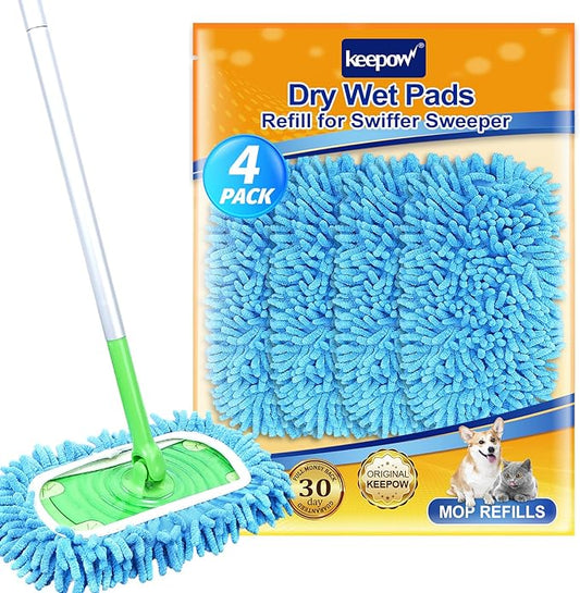 KEEPOW Reusable Microfiber Mop Pads Compatible with Swiffer Sweeper & Mop Deluxe 2-in-1, Wet & Dry Mopping Cloths for All Floors, Compatible with Swiffer Dry Sweeping Cloths for Cleaning (4 Pack)