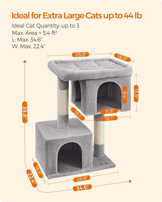 Feandrea Cat Tree, 39.8-Inch Cat Tower, XL, Cat Condo for Extra Large Cats up to 44 lb, Large Cat Perch, 2 Cat Caves, Scratching Post, Light Gray UPCT614W01