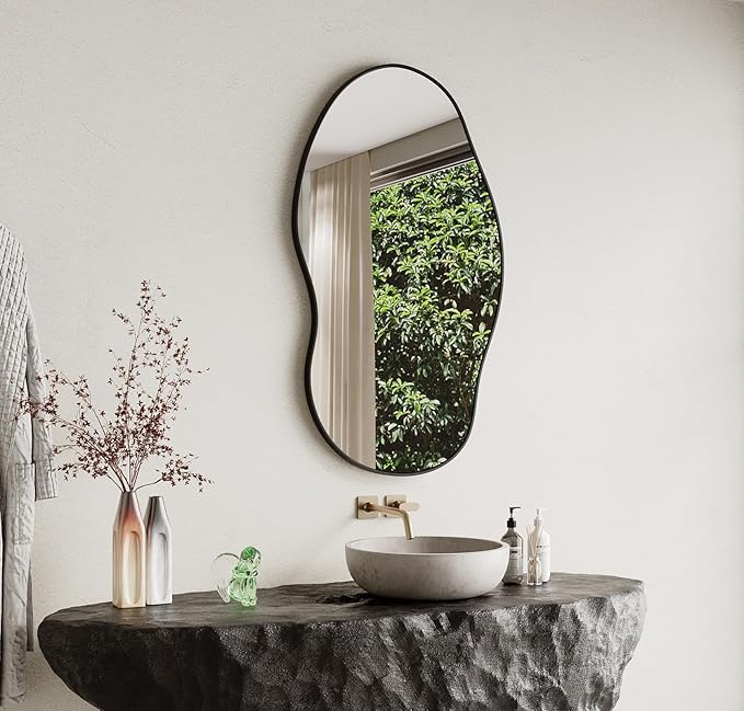 Wavy Wall Mirror -36''×24'' Irregular Wall Mirror Decorative Alloy Framed Mirrors Abstract Artistic Mirrors Wavy Mirror for Cloakroom/Bedroom/Living Room/Entryway（Black）