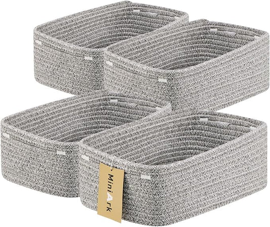 Small Storage Baskets for Organizing | Closet Organizer Bins | Shelf Toy Basket | Woven Rope Baskets | Cube Decorative Box | Shallow Basket | 13x8.5x5.1” | 4 Packs Mixed Grey