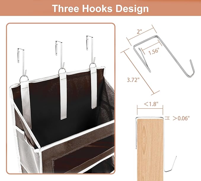 2 Packs 5-Tier Over the Door Storage Organizer with 10 Side Mesh Pockets, 48 lbs Load Capacity, 3 Hooks Design, Hanging Organizer with Clear Windows for Bathroom, Bedroom, Nursery, Kitchen-Brown