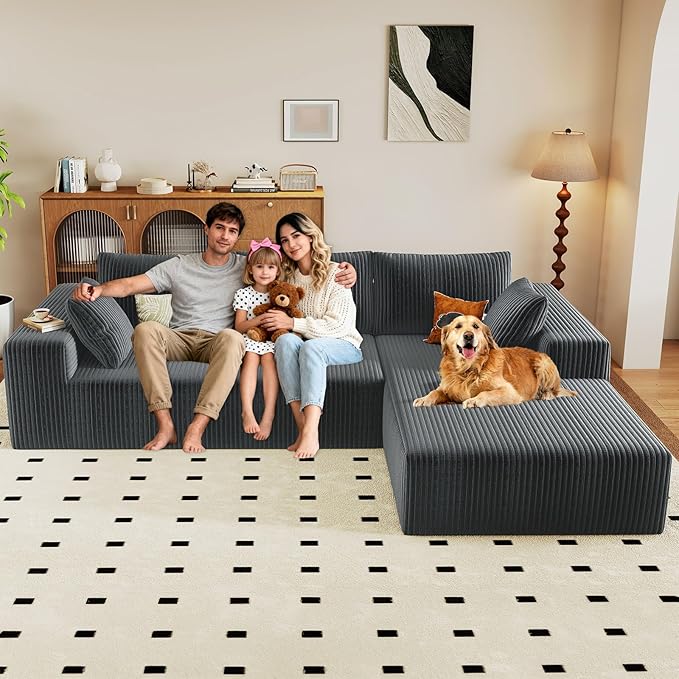 96" Modular Sectional Couch, Boneless L Shaped Cloud Sofa with Chaise Lounge, Corduroy Upholstered Couches Memory Foam Deep Seat, No Assembly Required, Ideal for Living Room(Dark Gray, Right Facing)