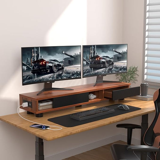 Artswish Dual Monitor Riser with Power Outlet, 42 Inch Wood Monitor Stand for 2 Monitors with Drawer Storage, Computer Monitor Stand Riser with Adjustable Feet, Double Monitor Stand Desk Shelf, Walnut