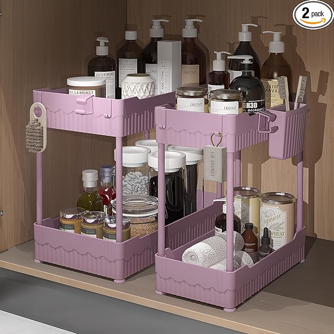 2 Pack Under Sink Organizer, Under Bathroom Cabinet Organizer with Hooks Hanging Cup, Multi-Purpose Storage Shelf for Kitchen Bathroom (Pink, XL)