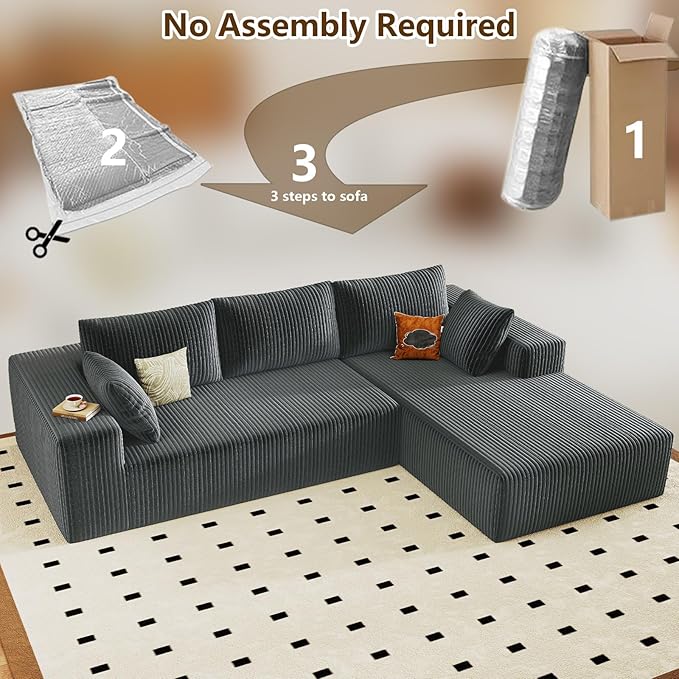96" Modular Sectional Couch, Boneless L Shaped Cloud Sofa with Chaise Lounge, Corduroy Upholstered Couches Memory Foam Deep Seat, No Assembly Required, Ideal for Living Room(Dark Gray, Right Facing)