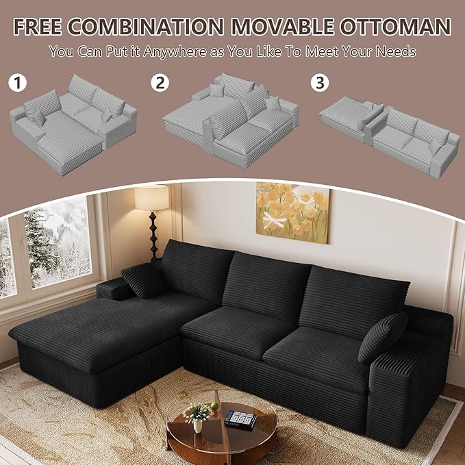 107 Inch Cloud Sectional Couch, Modern Modular Sectional Sofa with Deep Seat, Corduroy Boneless Couches with L-Shape Chaise for Living Room Bedroom, No Assembly Required (Black, Left Facing Chaise)