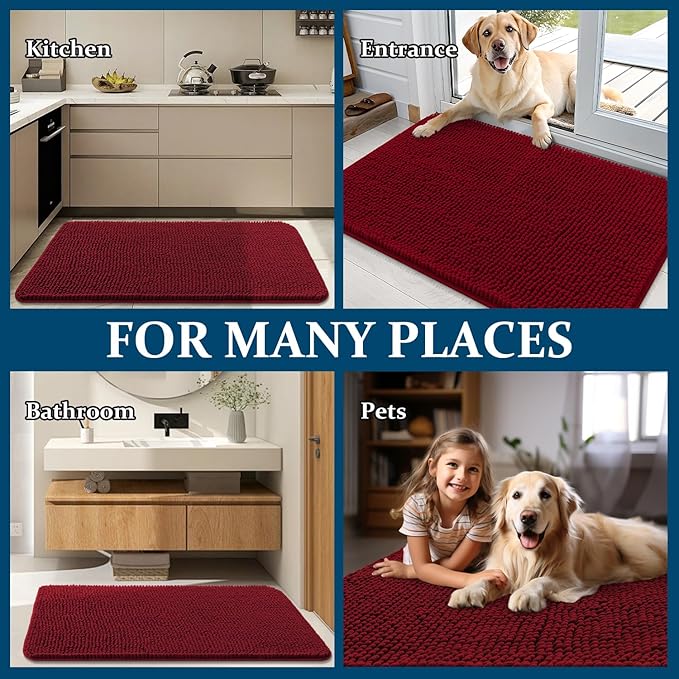 OLANLY Dog Door Mat for Muddy Paws 48x30, Absorbs Moisture and Dirt, Absorbent Non-Slip Washable Doormat, Quick Dry Chenille Mud Mat for Dogs, Entry Indoor Entryway Carpet for Inside Floor, Red