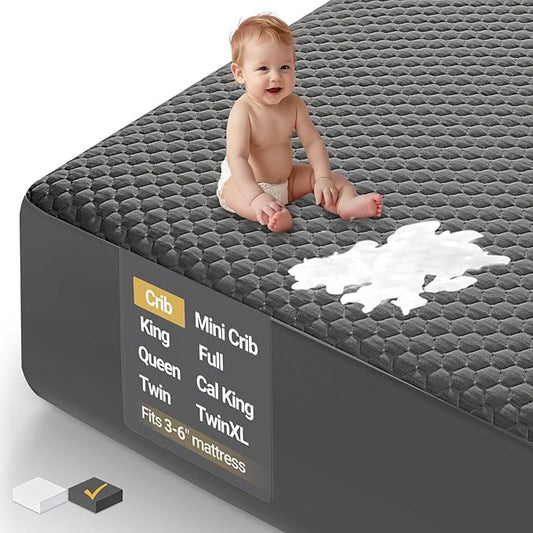 OhGeni 100% Waterproof Mattress Protector, Crib-Gray Size Mattress Pad, Fits 3"-6" Mattresses with Deep Pocket, Cooling, Breathable Fitted Sheets, Soft Bed Cover, Noiseless, Machine Washable