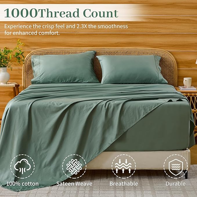 Bedlifes Deep Pocket Sheets 18-24 Inch, California King Size Egyptian Cotton 1000 Thread Count, 4-Piece - Fits Extra Thick Mattresses, Cooling & Breathable (Sage Green)