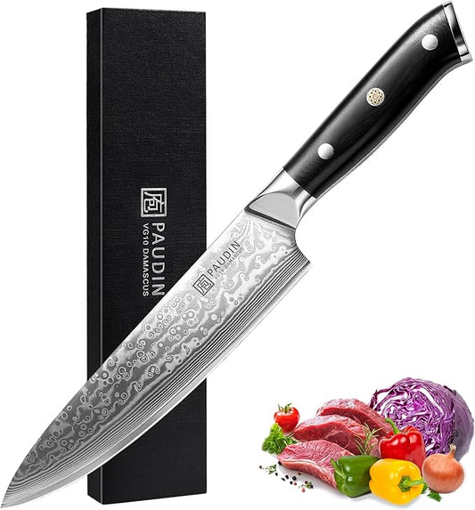 PAUDIN Damascus Chef Knife, 8 Inch Kitchen Knife, 67 Layers Damascus Steel Knife Japanese VG10 Core, Professional Chefs Knife with Ergonomic G10 Handle