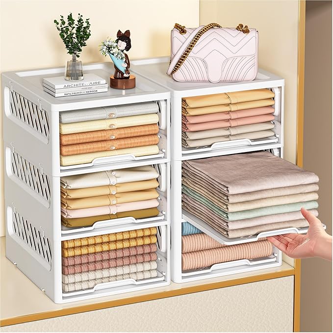 3 Pack Stackable Closet Storage Basket - Stackable Storage Bins, Multifunctional & Foldable Closet Organizer Divided, Wardrobe Cupboard Space-Saving Clothes Storage Hat Organizer, White