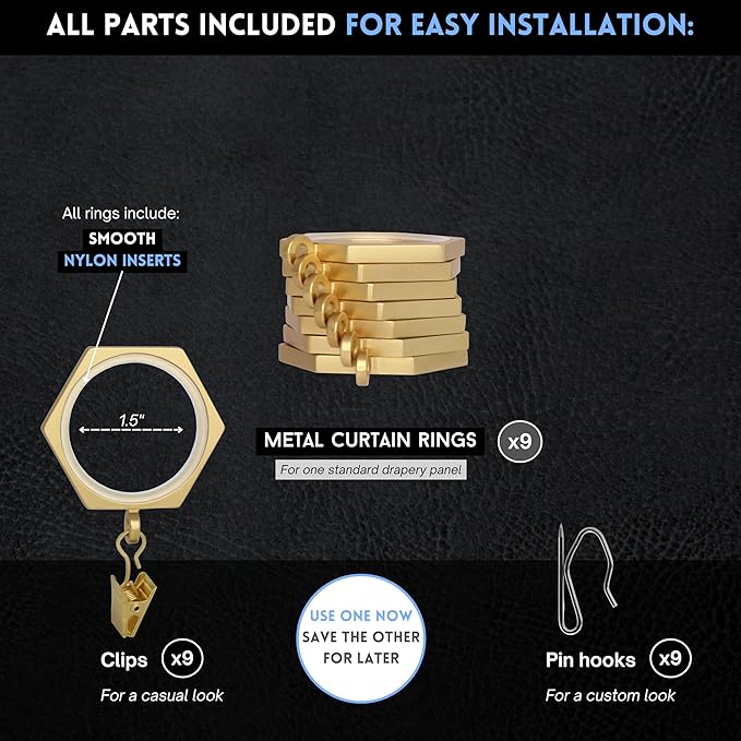 BlastHome® Luxury Curtain Rings - Premium Metal with Quiet, Smooth Nylon Inserts - Pinhooks and Clips Included - 1 1/2" Inside Diameter - 9 Rings for One Standard Curtain - Brushed Gold