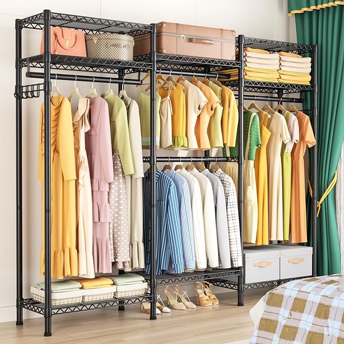 Heavy Duty Garment Rack Large Clothes Rack,Freestanding Closet Portable Clothing Rack with 8 Adjustable Wire Shelves and 4 Hang Rods,Metal Closet Storage Wardrobe Organizer System,Max Load 800lbs