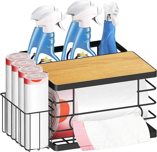 Trash Bag Dispenser Holder Under Sink, 3-in-1 Metal Garbage Bag Holder & Organizer with Bamboo Lid, Large Trash Bag Storage for Kitchen Cabinet, Pantry, Laundry Room Organization