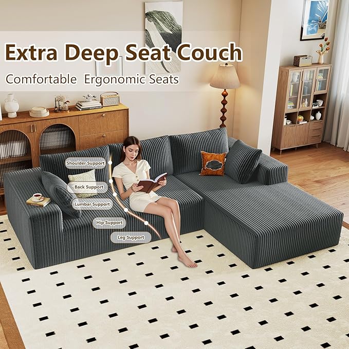 96" Modular Sectional Couch, Boneless L Shaped Cloud Sofa with Chaise Lounge, Corduroy Upholstered Couches Memory Foam Deep Seat, No Assembly Required, Ideal for Living Room(Dark Gray, Right Facing)