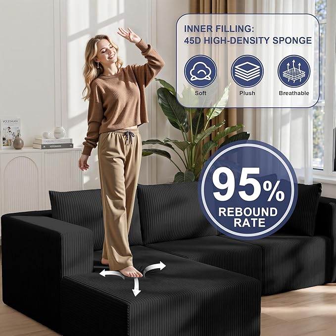 108" Boneless Couches for Living Room, Modular Cloud Couch Sofa - L Shap Corduroy Sectional Sofa, Fluffy Memory Foam Sleeper Sofa Furniture, No Assembly, Wide Armrest, Black