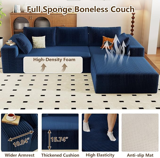 96" Modular Sectional Couch, Boneless L Shaped Cloud Sofa with Chaise Lounge, Corduroy Upholstered Couches Memory Foam Deep Seat, No Assembly Required, Ideal for Living Room(Blue, Right Facing)