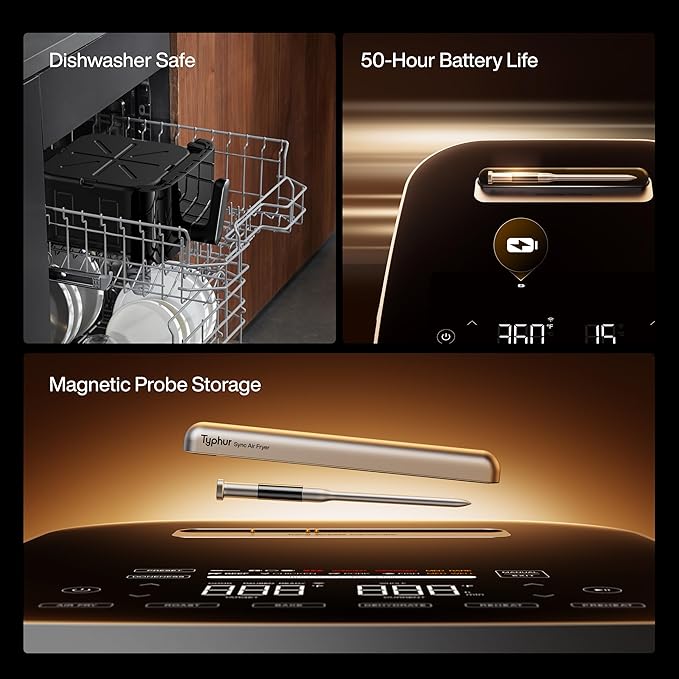 Typhur 8QT Sync Air Fryer with Built-in Wireless Meat Thermometer, 9-in-1 Smart Non Toxic Ceramic Airfryer for Quick Easy Meals, 450°F Max, Cooks 6lb Whole Chicken, Dishwasher Safe, 120V