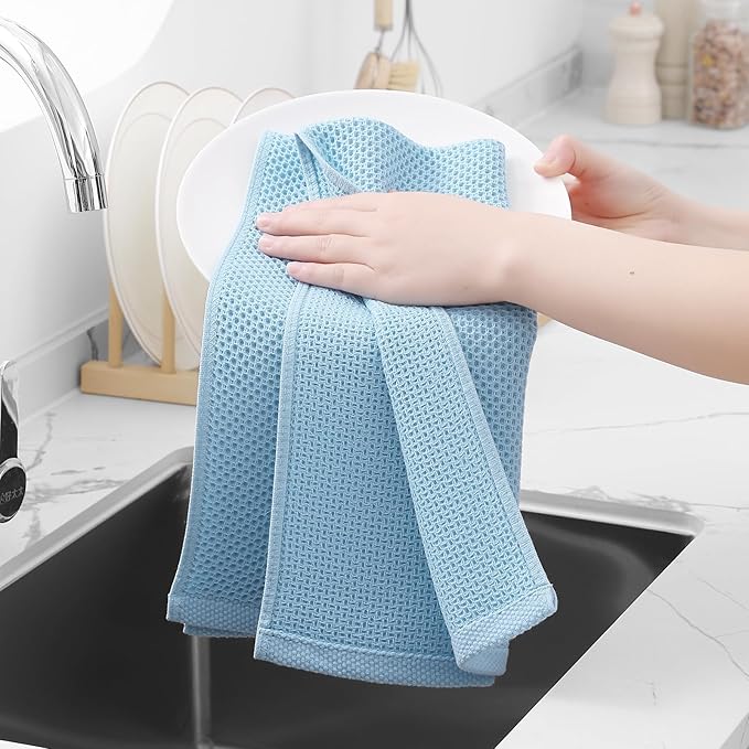 Homaxy 100% Cotton Waffle Weave Kitchen Dish Towels, Ultra Soft Absorbent Quick Drying Cleaning Towel, 13 x 28 Inches, 12-Pack, Sky Blue