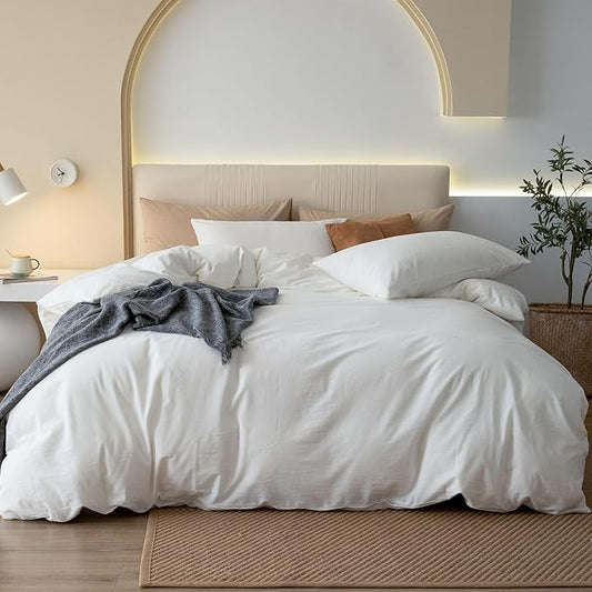 JIYUAN 100% Washed Cotton Duvet Cover Set 3 Pieces Super Queen, 1 Duvet Cover 90x98 Inches(Comforter Not Included) and 2 Pillowcases,Linen Feel Bedding Set Comfy and Breathable,Off White