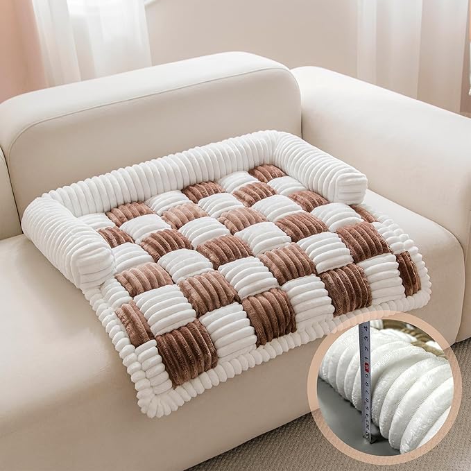 Couch Covers for Dogs and Cats, Fuzzy Dog Sofa bed with Cream Square Plaid, Plush Pet Couch Cover Bed, Thickened Quilted Furniture Protector Mat for Large Medium Pets (Dark Brown 27.56"*27.56")