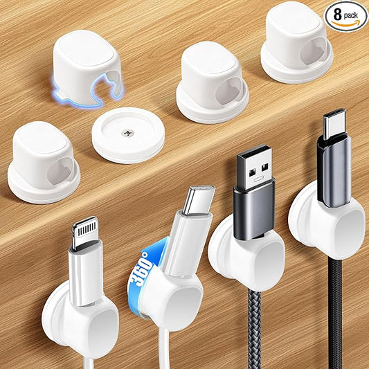 8 Pack Cord Organizer, Ω-Shaped Rotatable Cable Clips, Strong Adhesive Cable Management with Nails, Cord Holder for Nightstand, Desk, and Wall (White)
