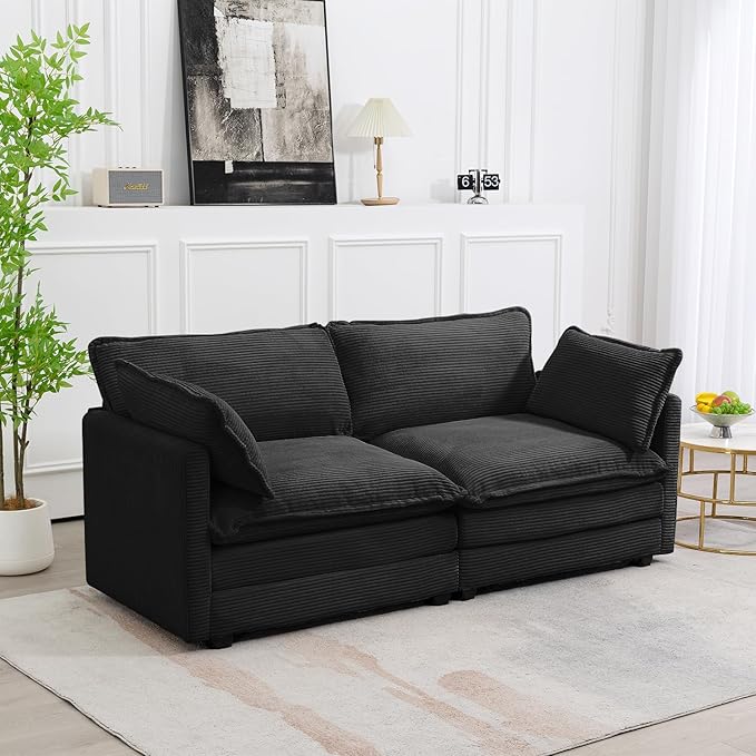 ROWHY Sectional 2 Seat Cloud Loveseat with 2 Throw Pillows, Modern Corduroy Love Seat Sleeper Bed, Convertible Cozy Sofa for Living Room and Office, Black